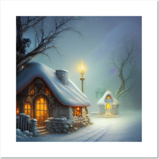 Magical Fantasy Cottage with Lights In A Snowy Scene, Scenery Nature Posters and Art